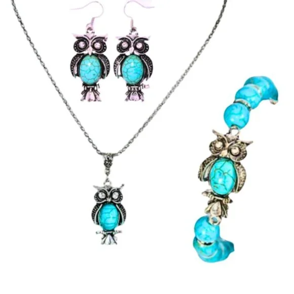 Turquoise Vintage Style Owl Earrings Bracelet Necklace Set Rhinestones - Picture 2 of 2